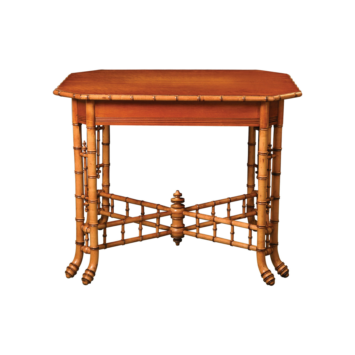 Late 19th Century Birdseye Maple Faux Bamboo Side Table with Cross Stretcher