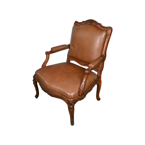 French Oversized Fauteuil, Upholstered in Brown Leather