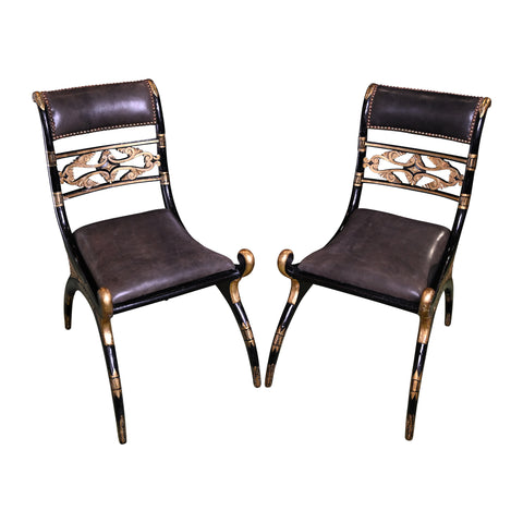 Pair of Early 20th c. Black and Gilt Klismos Form Chairs