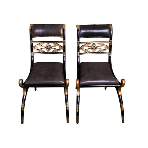 Pair of Early 20th c. Black and Gilt Klismos Form Chairs