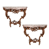 Pair of 18th Century Louis XV Carved Console Tables with Marble Tops