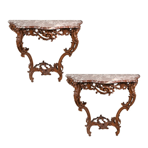 Pair of 18th Century Louis XV Carved Console Tables with Marble Tops