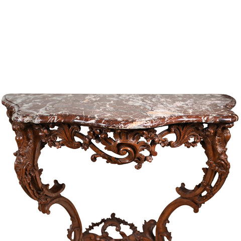 Pair of 18th Century Louis XV Carved Console Tables with Marble Tops