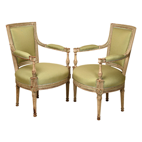 Pair of Pale Green and Cream Painted Directoire Fauteuils