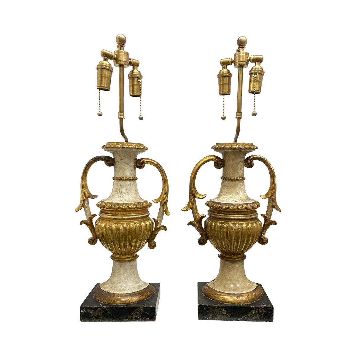 Pair of Tall 19th Century Italian Carved, Painted, and Gilt Urn Forms Later Turned into Lamps