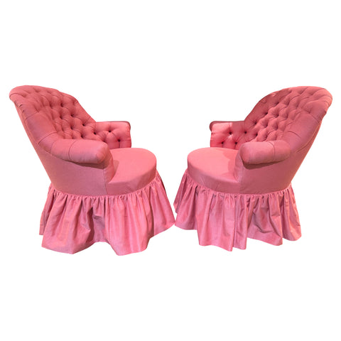 Pair of Vintage French Deeply Tufted Petite Armchairs