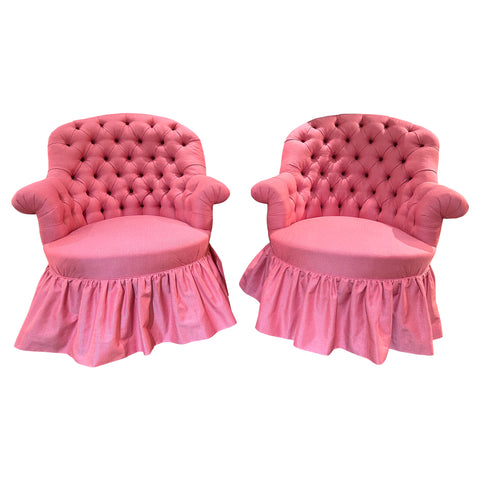 Pair of Vintage French Deeply Tufted Petite Armchairs