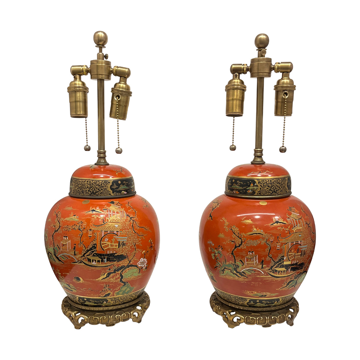 Pair of Chinoiserie Decorated Porcelain Ginger Jars Wired as Lamps