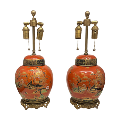 Pair of Chinoiserie Decorated Porcelain Ginger Jars Wired as Lamps
