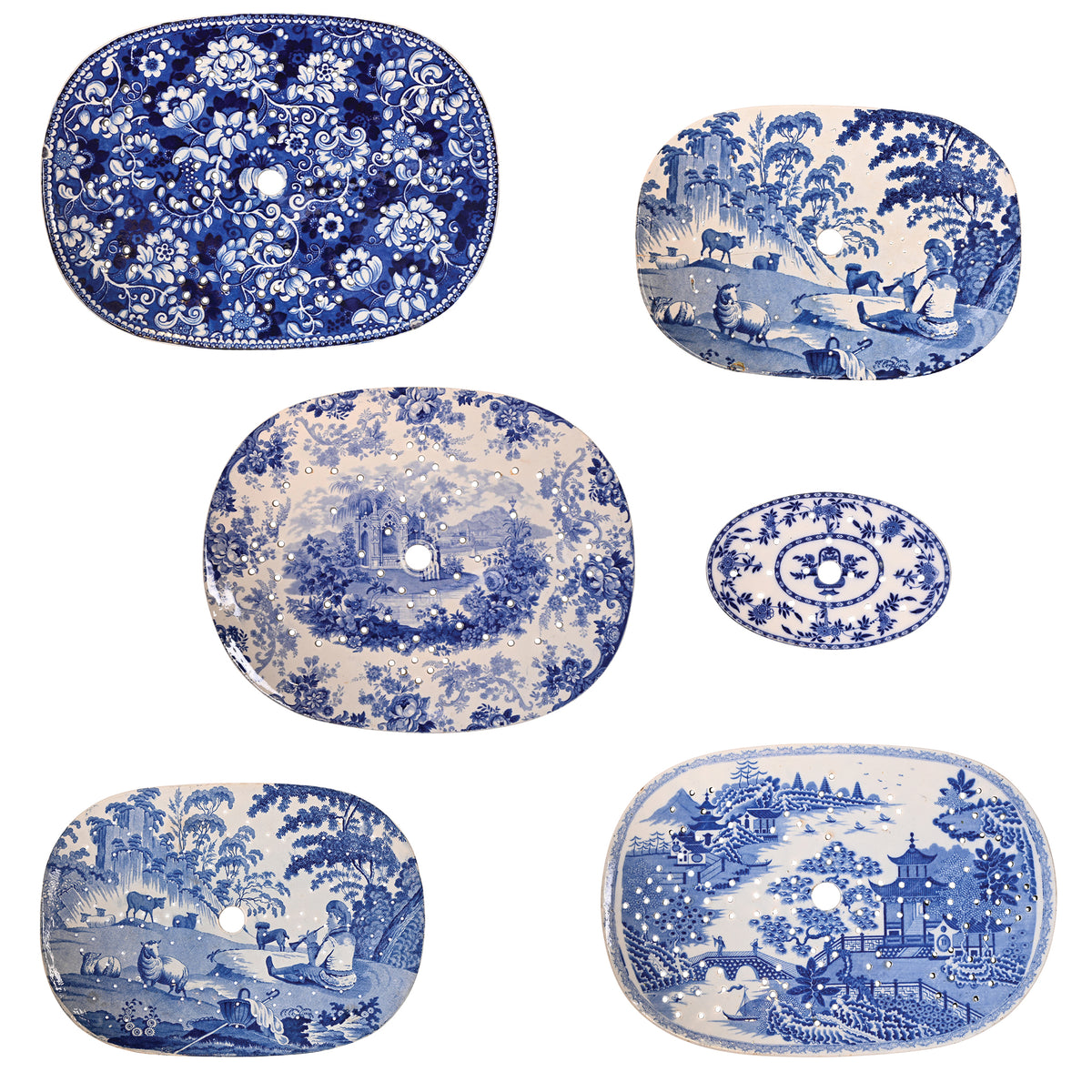 Group of Six Blue and White Strainers