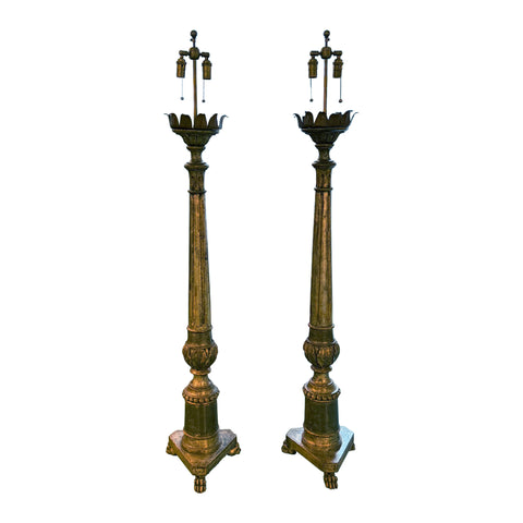 Pair of 1920s Silver Gilt Torchieres Lamps