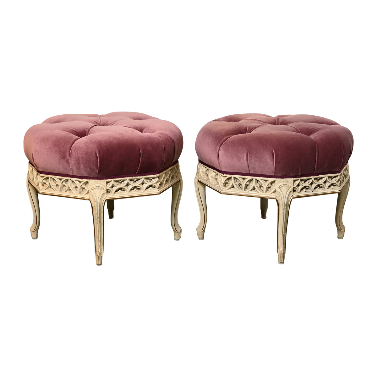 Pair of Tufted Neo-Gothic Stools
