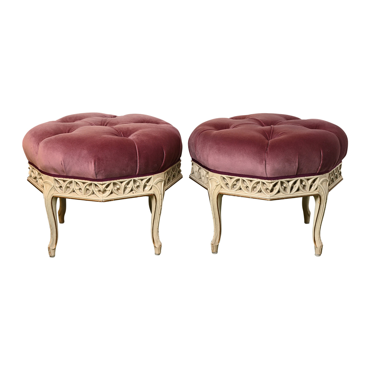 Pair of Tufted Neo-Gothic Stools