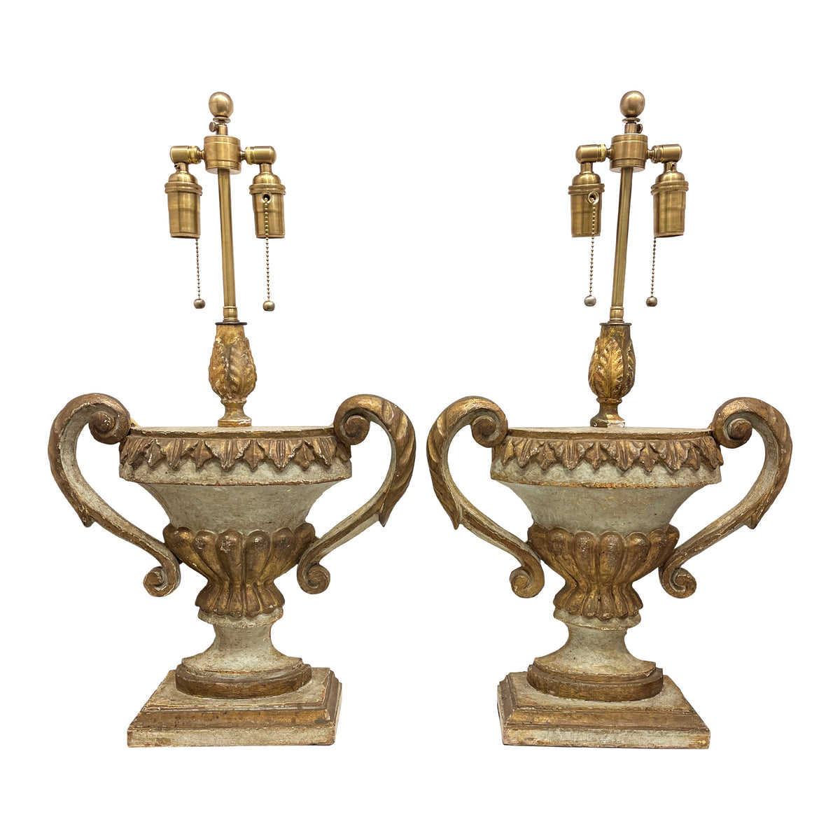 Pair of Wide 19th Century Italian Carved, Painted, and Gilt Urn Forms Later Turned into Lamps
