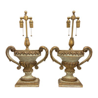 Pair of Wide 19th Century Italian Carved, Painted, and Gilt Urn Forms Later Turned into Lamps