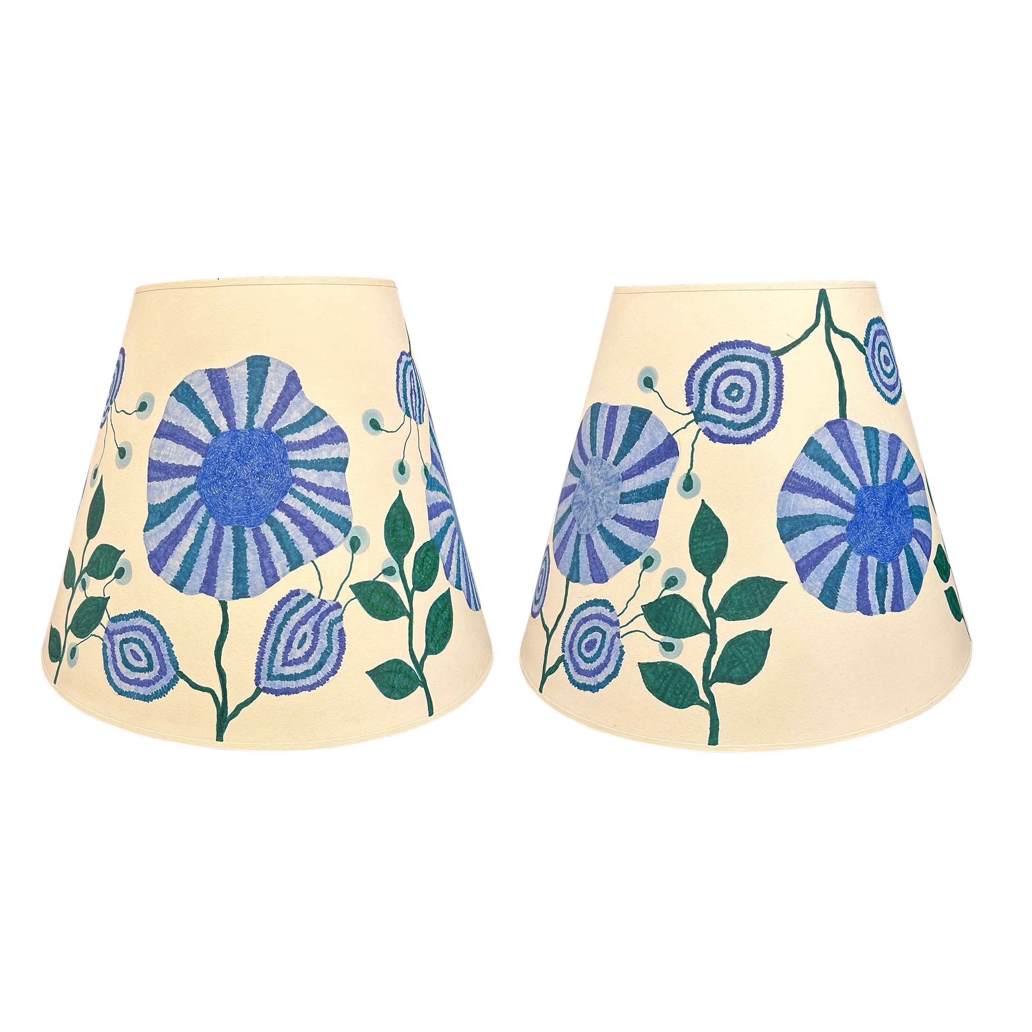 Pair of Hand-Decorated Lampshades with Blue Striped Floral