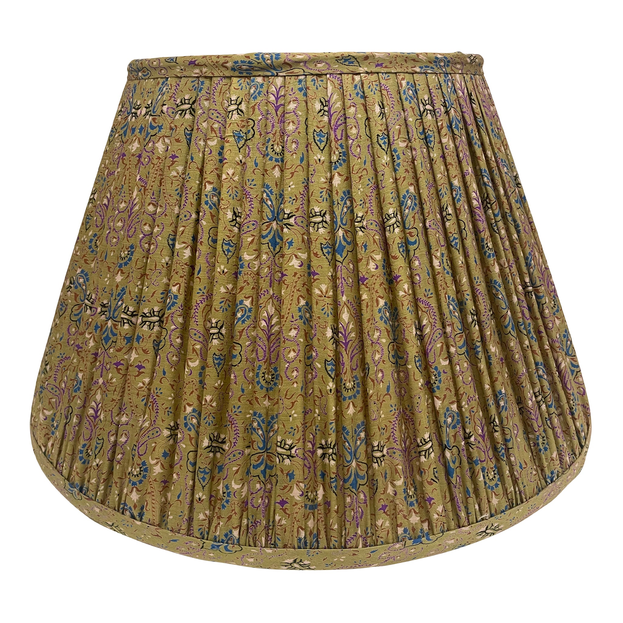 16" Silk Sari Lampshade - Olive with Teal Floral