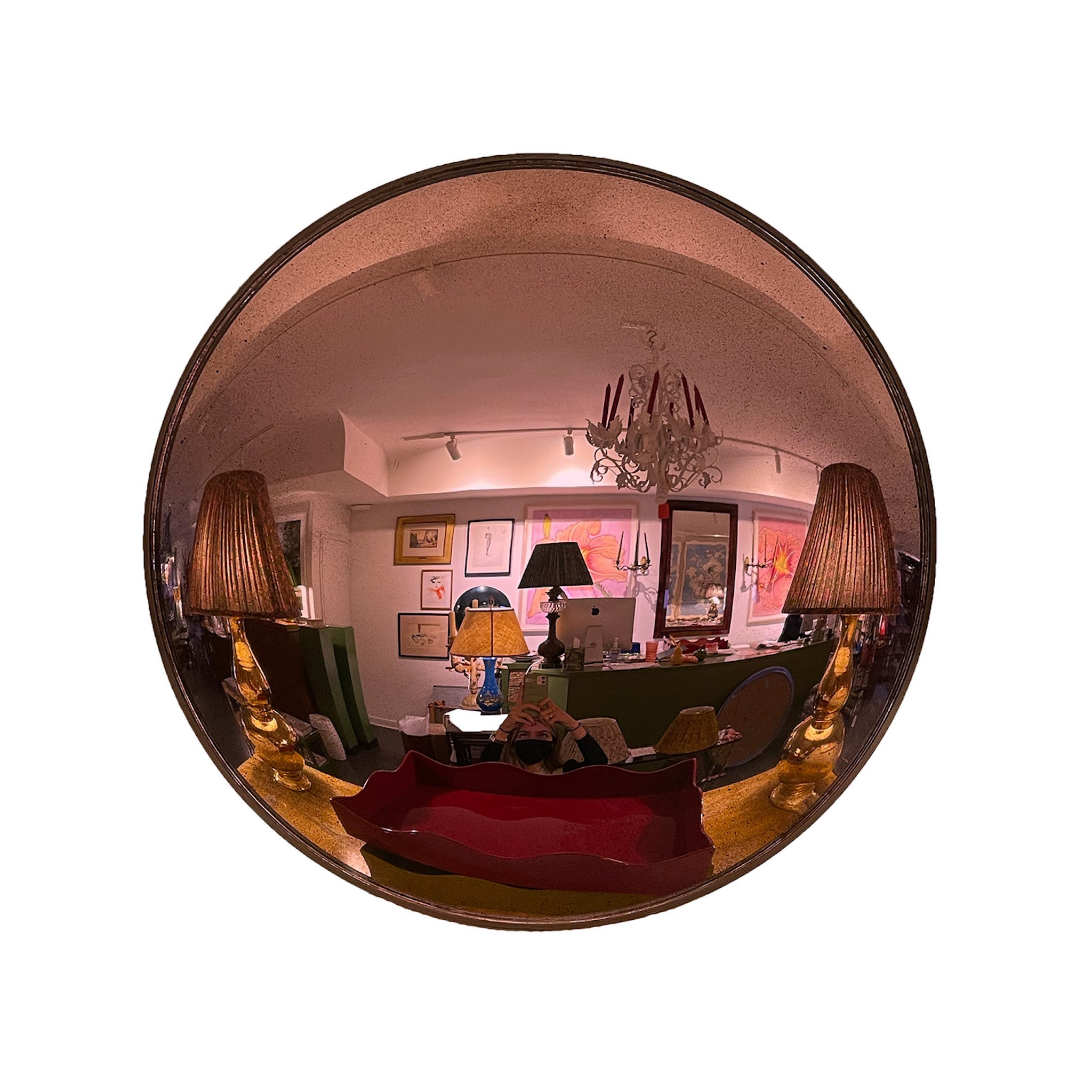 36" Convex Mirror in  Lightly Antiqued Peony with Bronze Frame