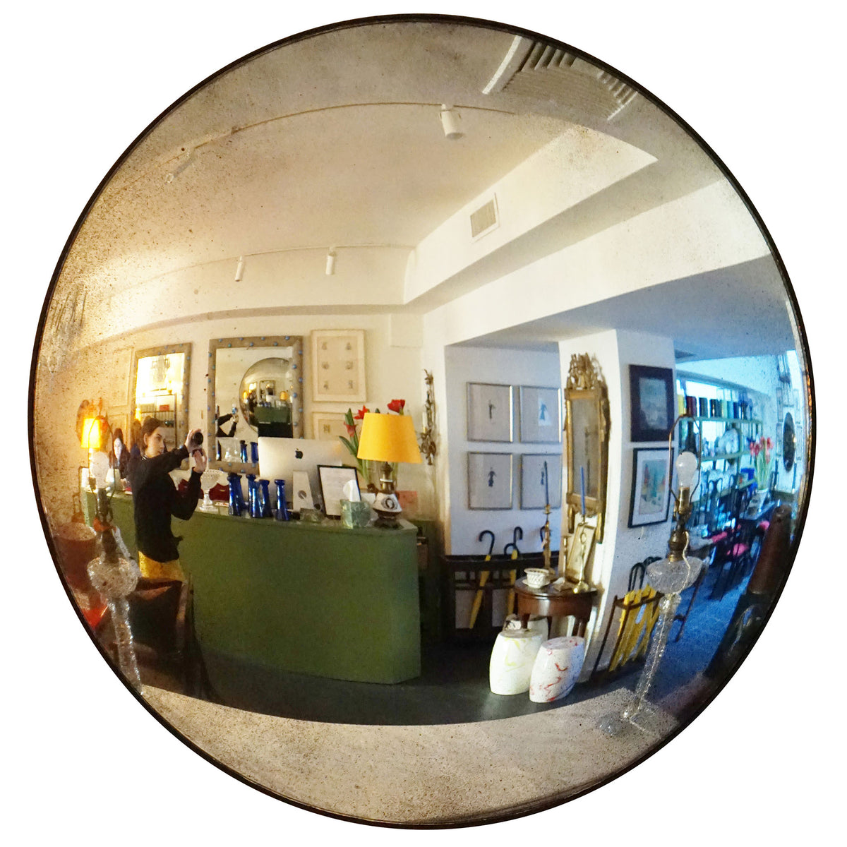 47" Antique Silver Convex Mirror with Black Frame