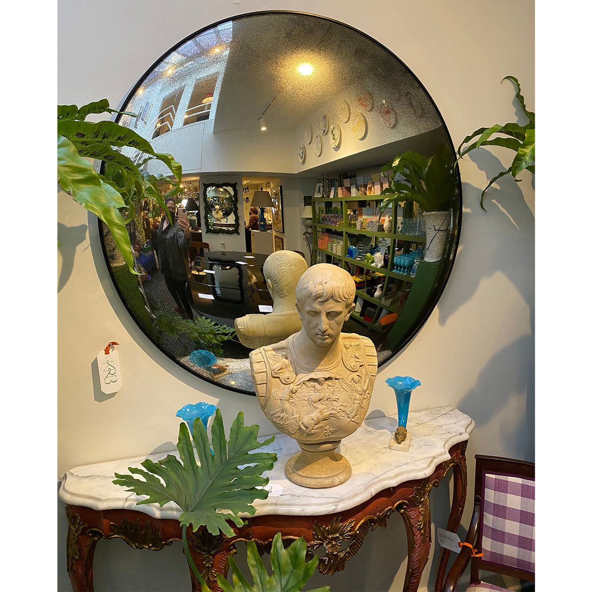 47" Antique Silver Convex Mirror with Black Frame