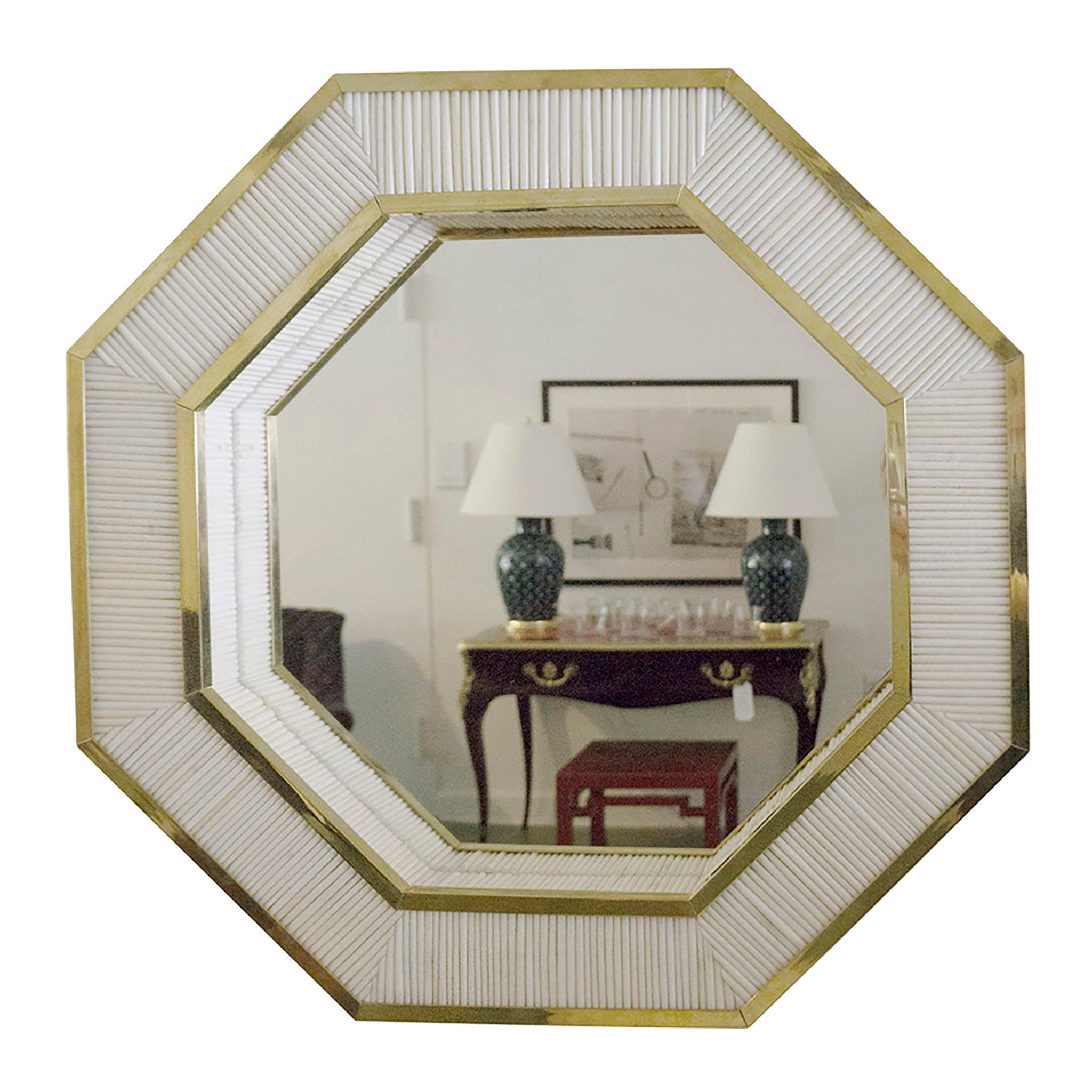 Octagonal Albino Porcupine Quill Mirror with Polished Brass Trim