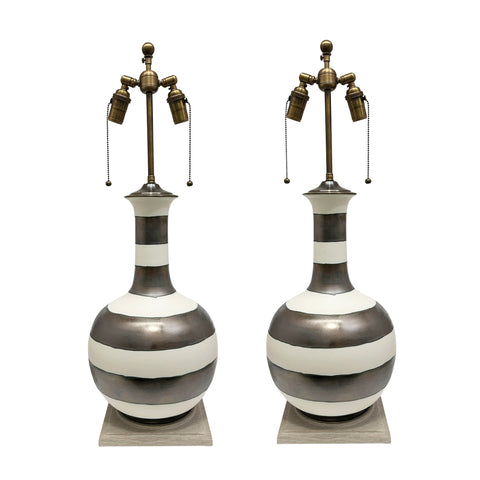 Pair of Large Single Gourd Lamps in Matte Bronze with Matte White Stripes