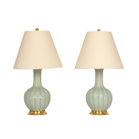 Pair of Small Single Gourd Lamps in Duck Egg Chevron