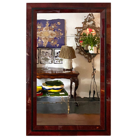KRB Rose Red Reverse Painted Glass and Ebonized Frame Mirror