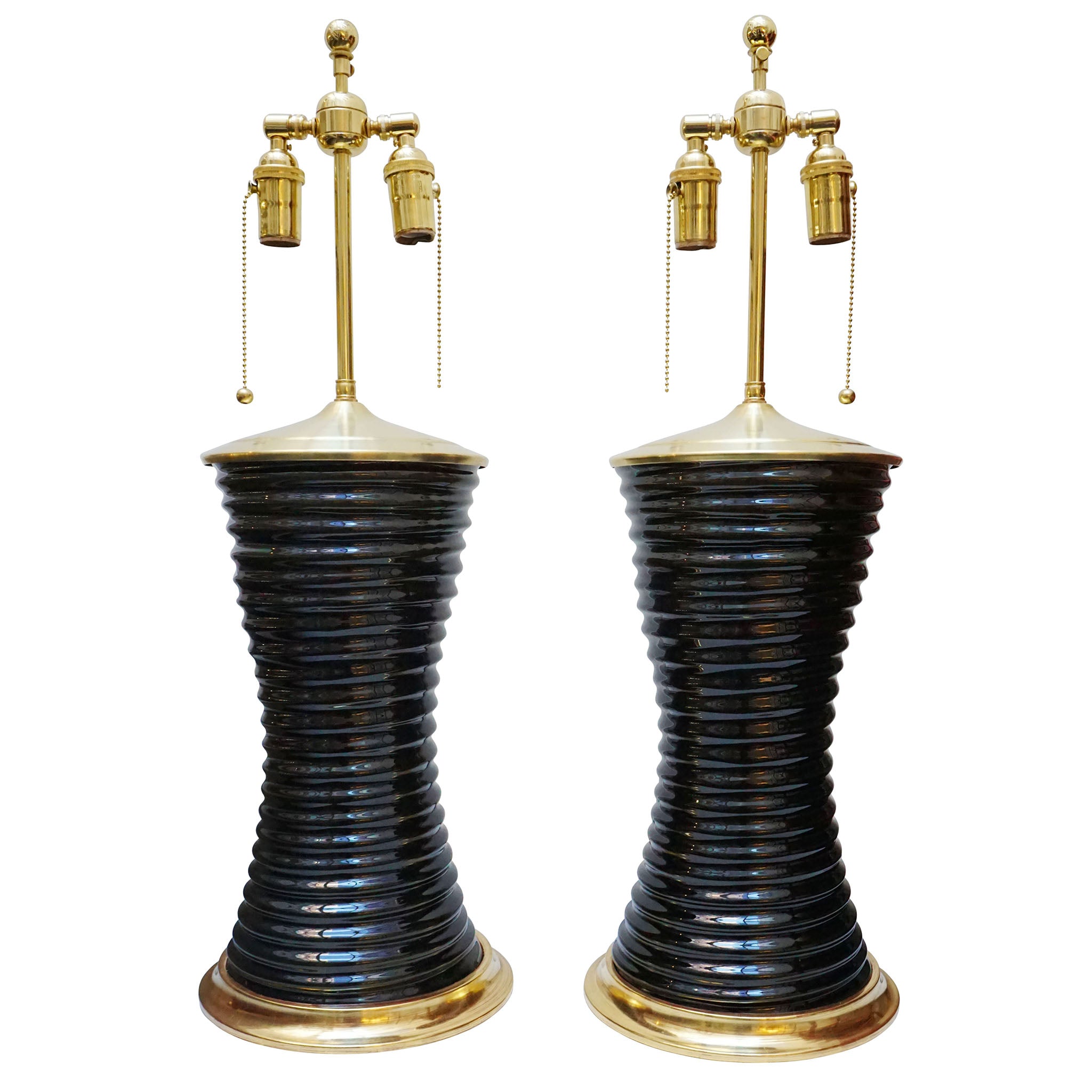 Pair of Ribbed Hourglass Lamps in Olive