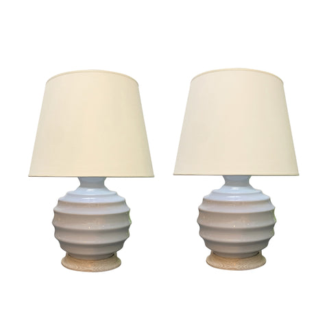 Pair of Wide Ribbed Ball Lamps in Hope Blue