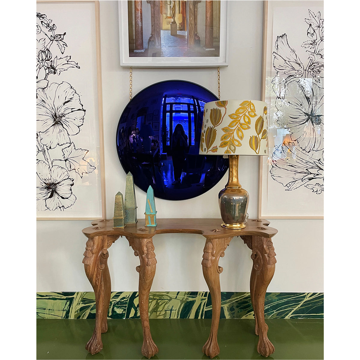 36" Convex Mirror in Antiqued Cobalt with Black Frame