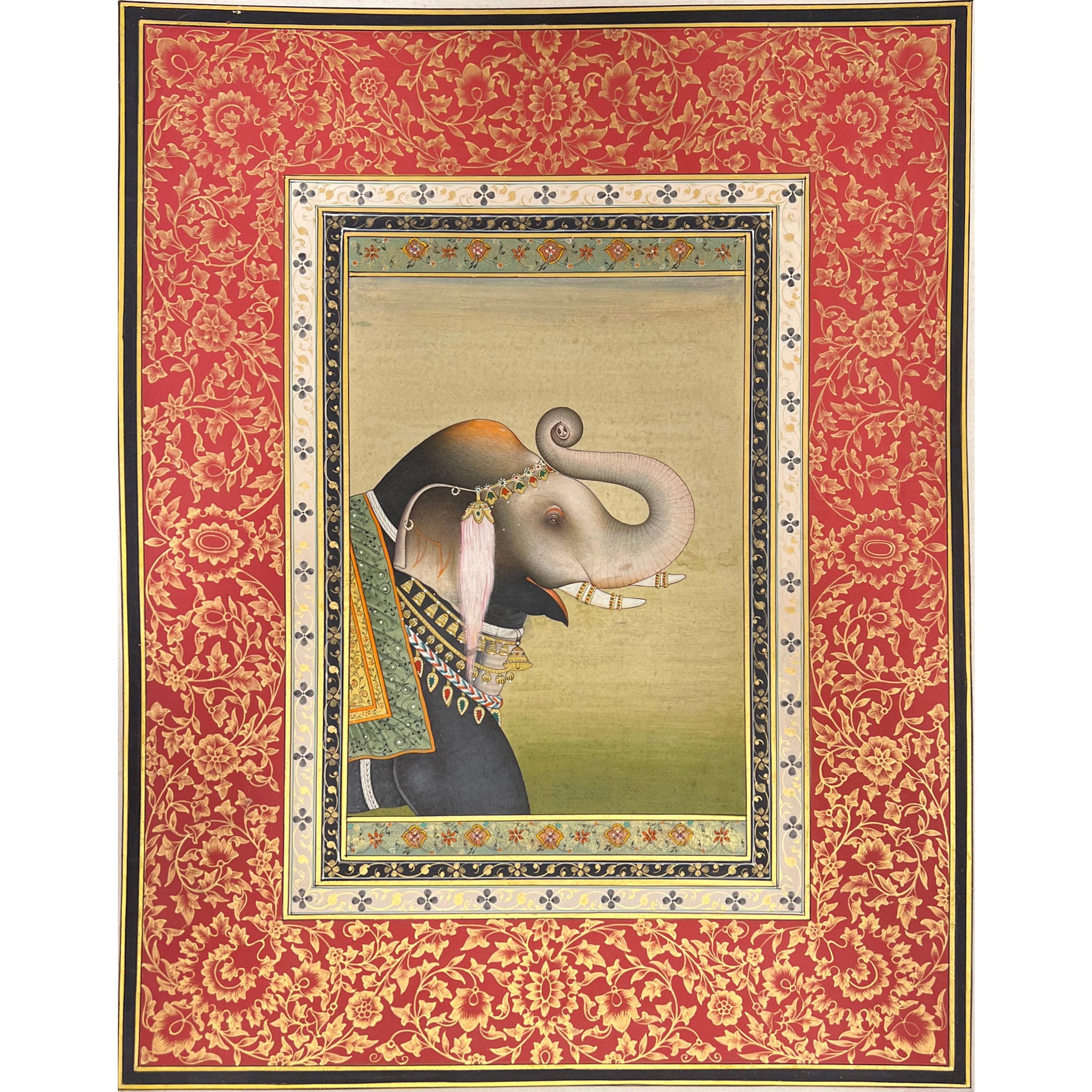 Pair of Elephant Paintings with Gold Filligree Border