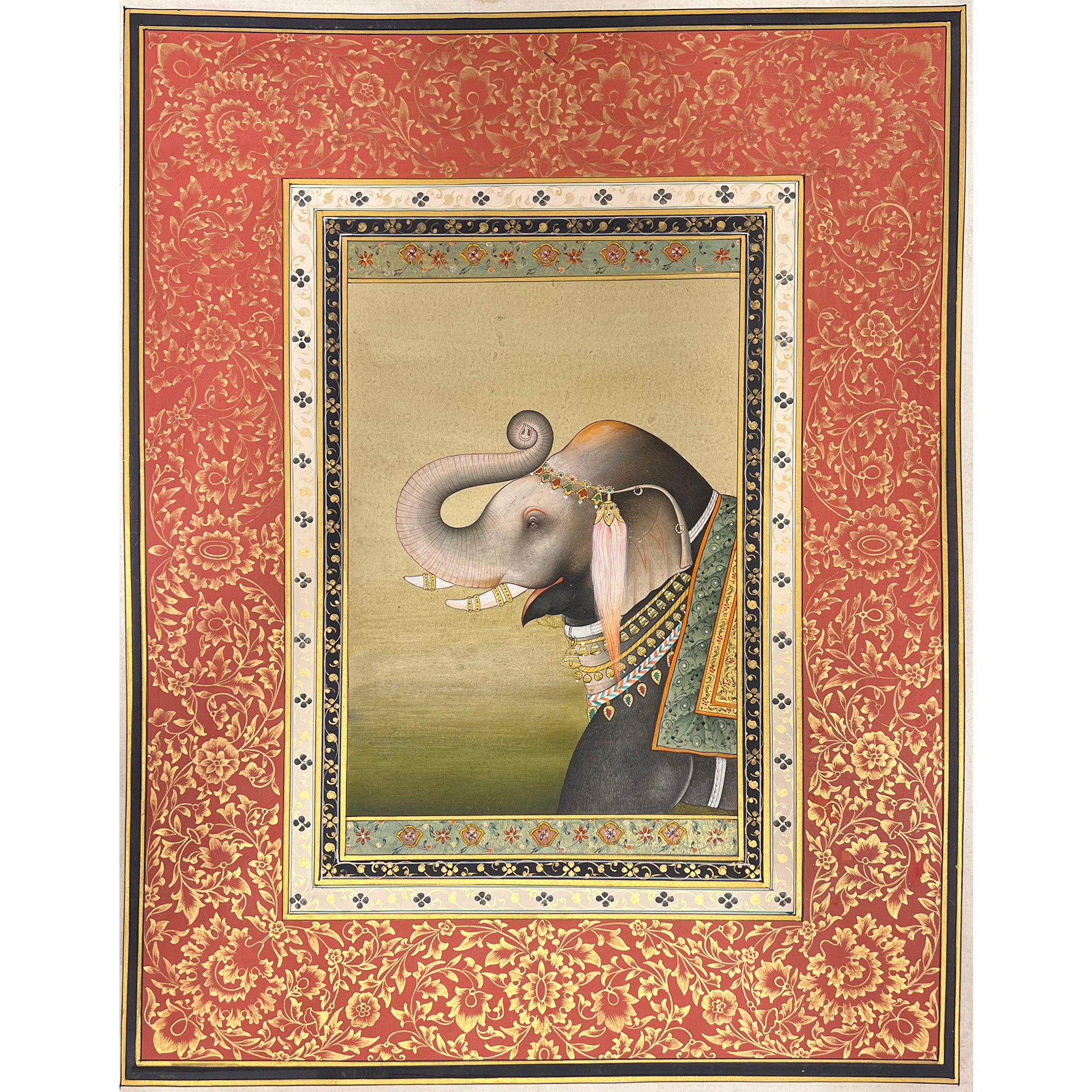 Pair of Elephant Paintings with Gold Filligree Border