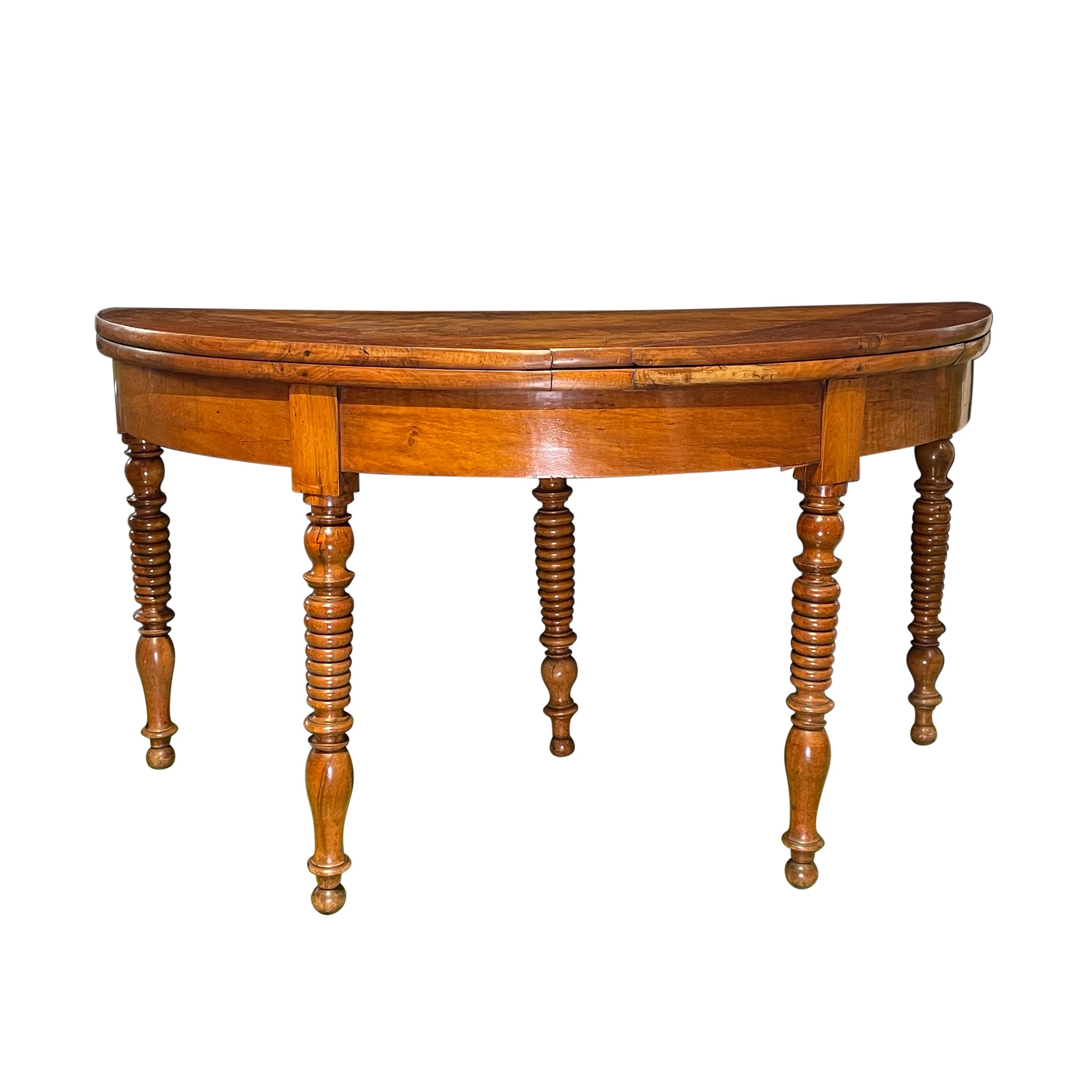 Large French Walnut Fold Over Demilune Table