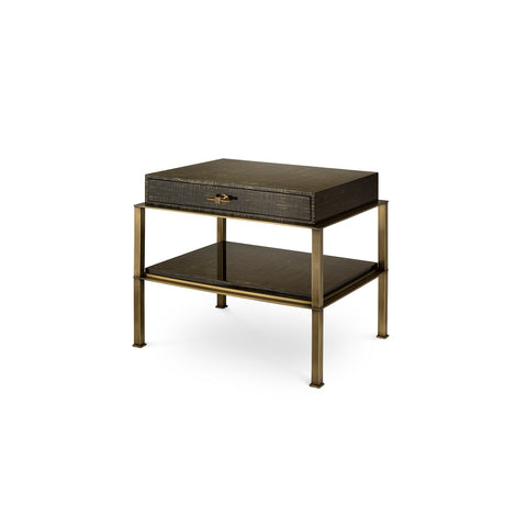 Gambrel Nightstand with Brown & Gold Texture Lacquer Finish and Brass Base