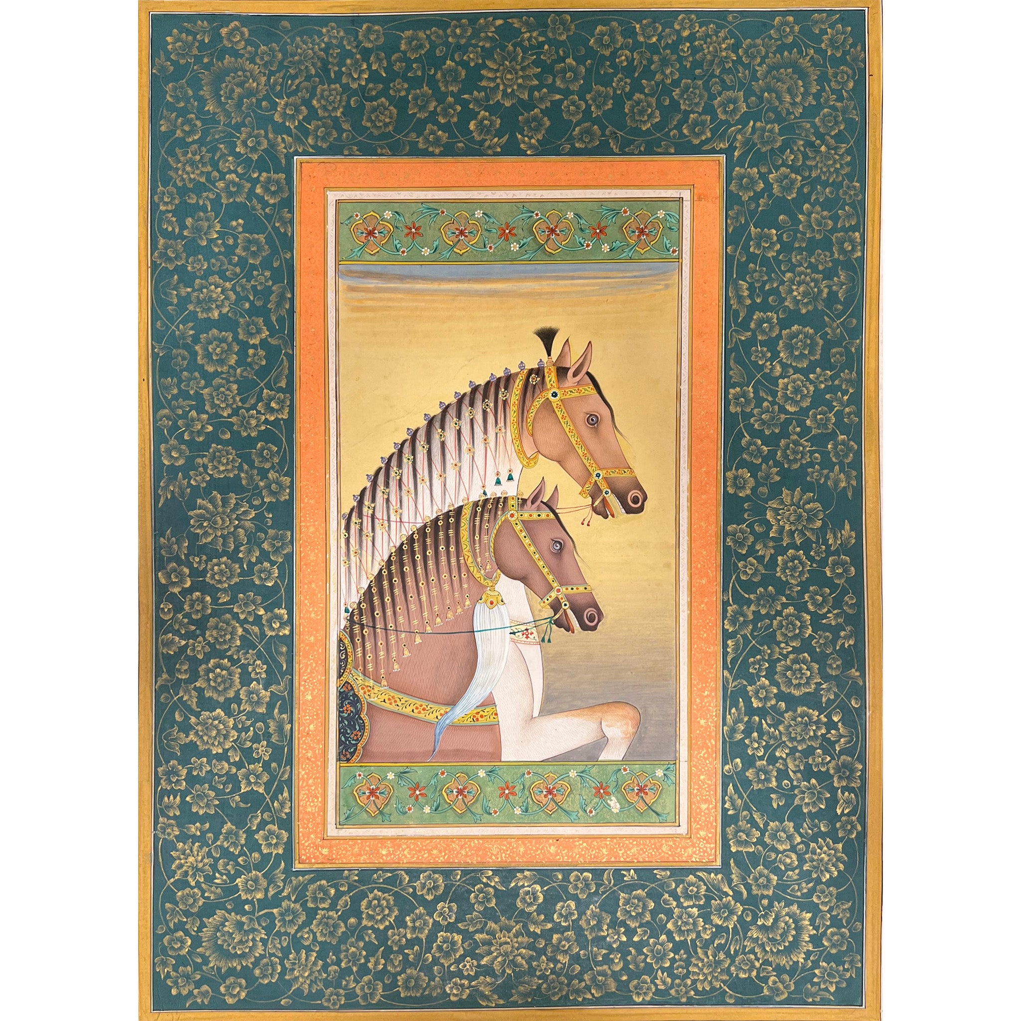Pair of Horse Paintings with Gold Filligree Border
