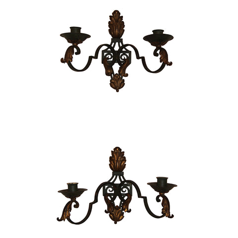 Pair of French Early 20th Century Double Arm Wrought Iron Sconces