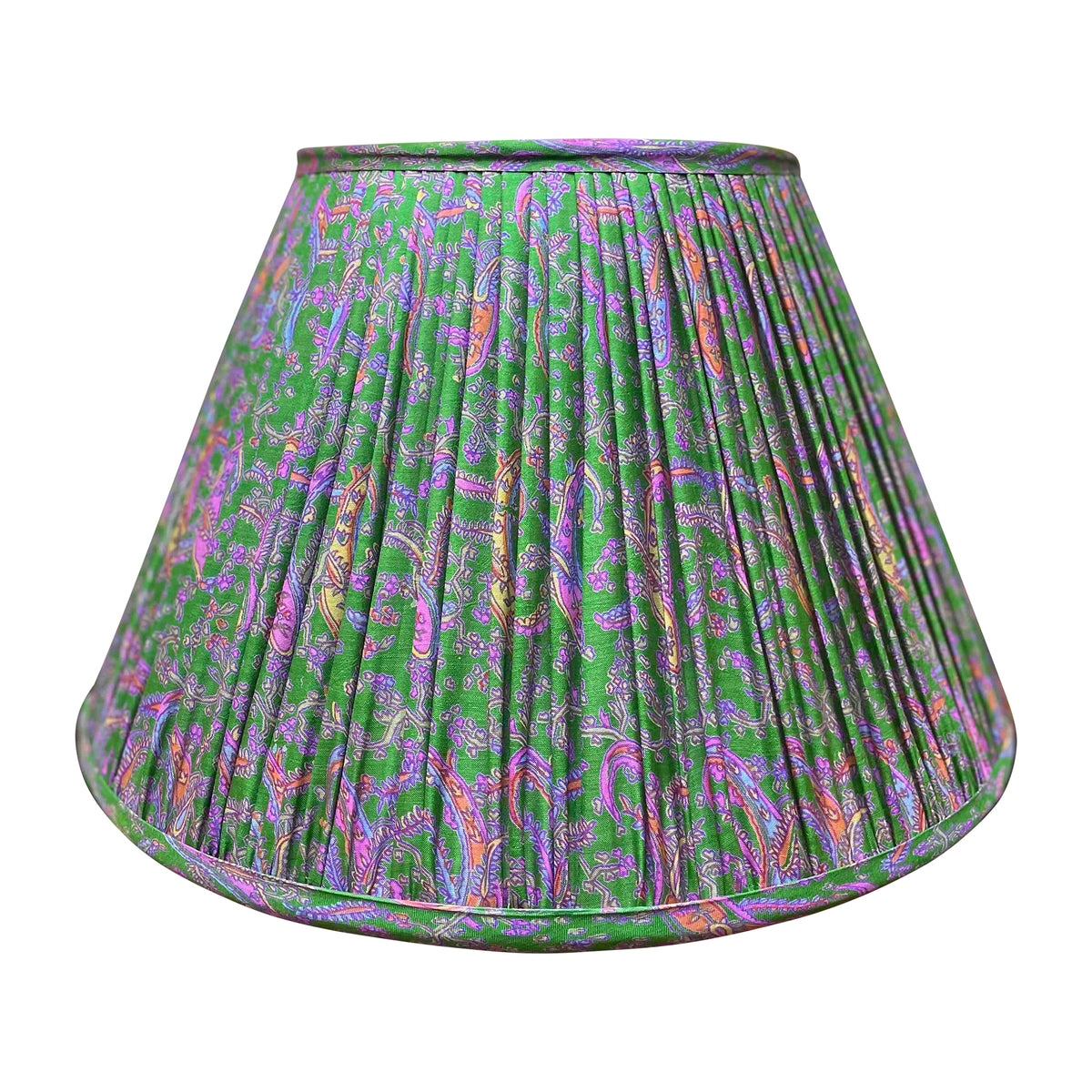 14" Silk Sari Lampshade - Purple & Orange Floral Paisley on Grass Green