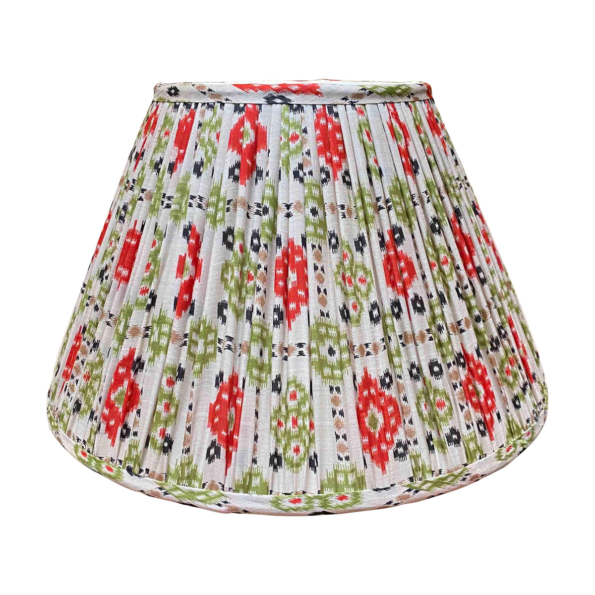 14" Silk Sari Lampshade - Red, Green & Black Sari Ikat on Taupe