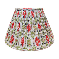 14" Silk Sari Lampshade - Red, Green & Black Sari Ikat on Taupe