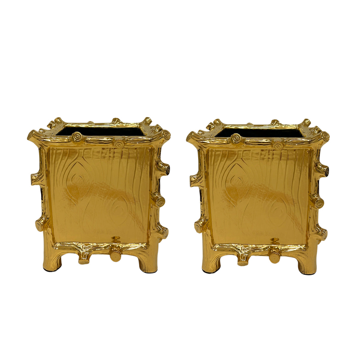 Large Square Faux Bois Cachepot in Gold Luster