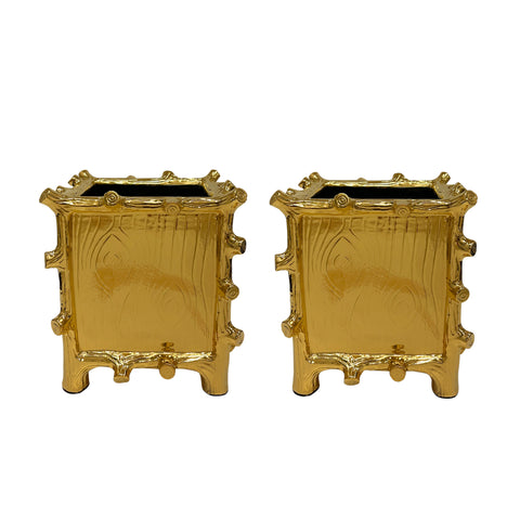 Large Square Faux Bois Cachepot in Gold Luster