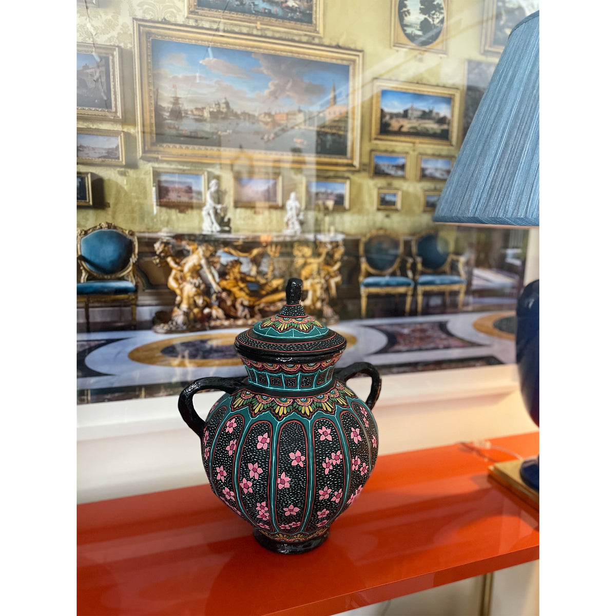 Mark Gagnon, Papier Mache Cherry Blossom Covered Urn with Handles