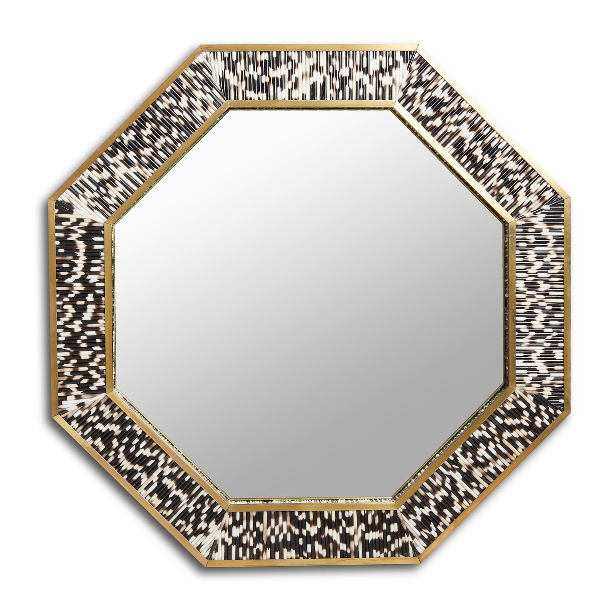 Octagonal Porcupine Quill Mirror with Brass Trim