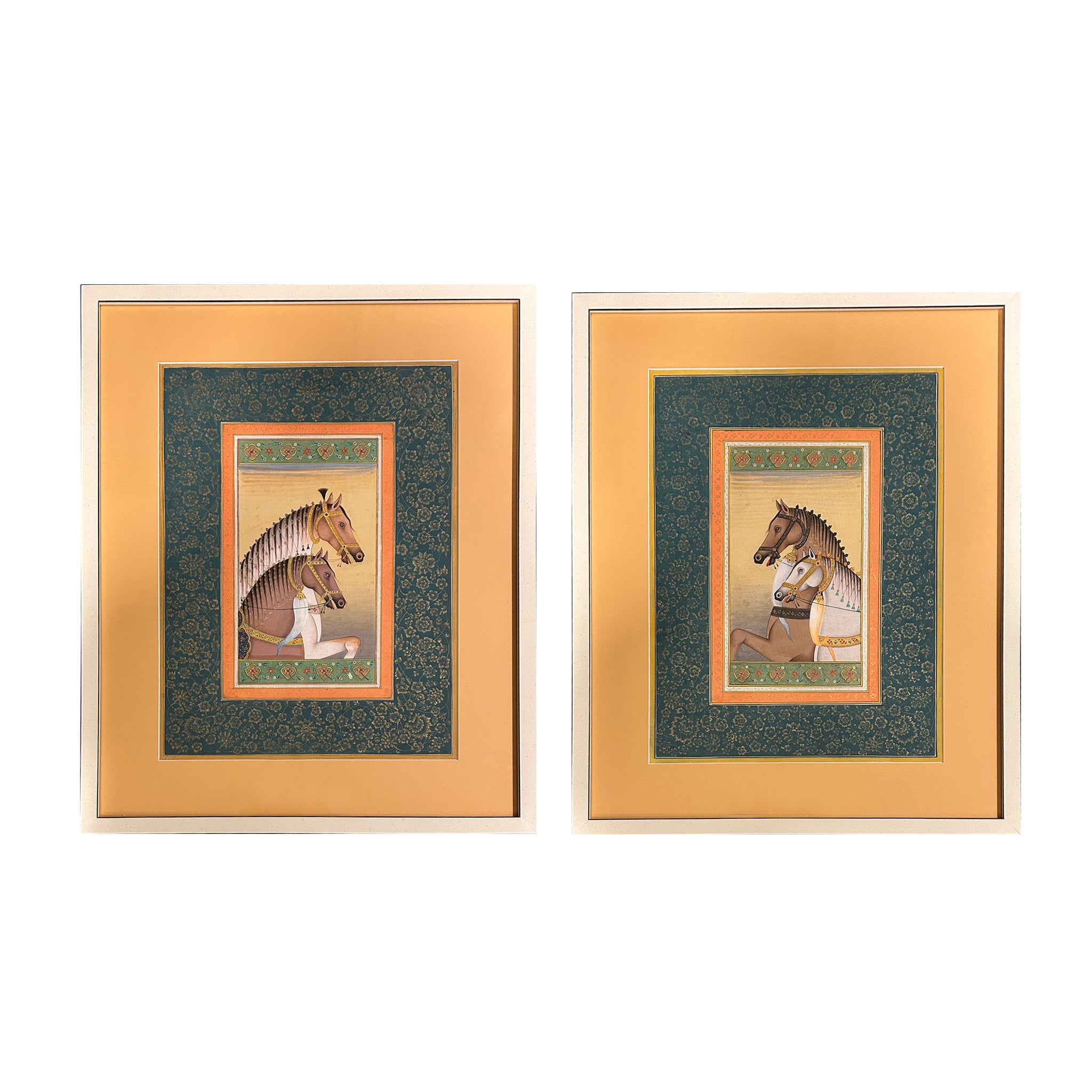 Pair of Horse Paintings with Gold Filligree Border