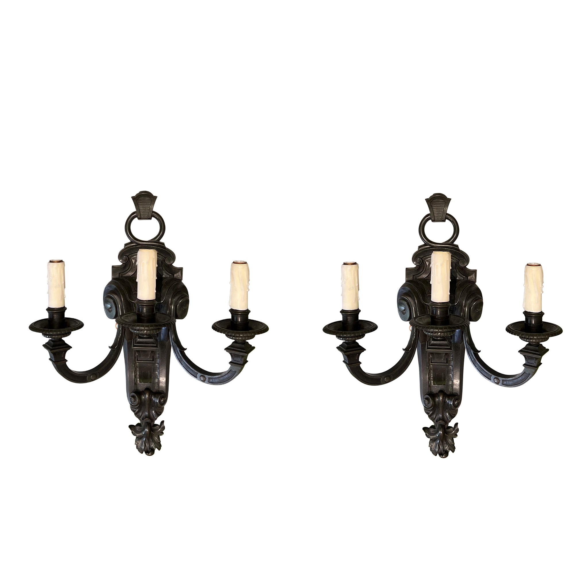 Pair of Large Patinated Bronze Three Armed Sconces