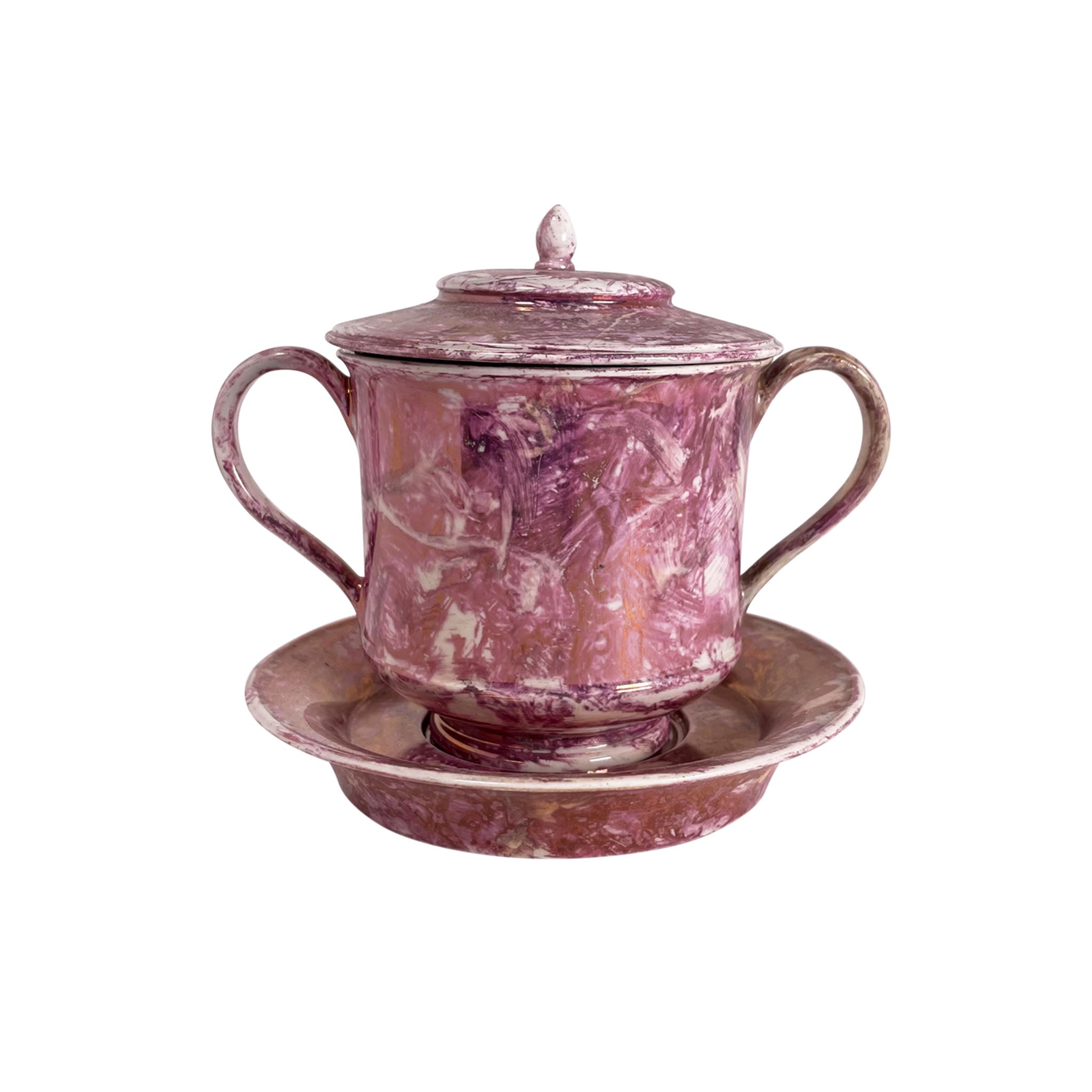 Pink Spatter Lustreware Broth Bowl with Saucer