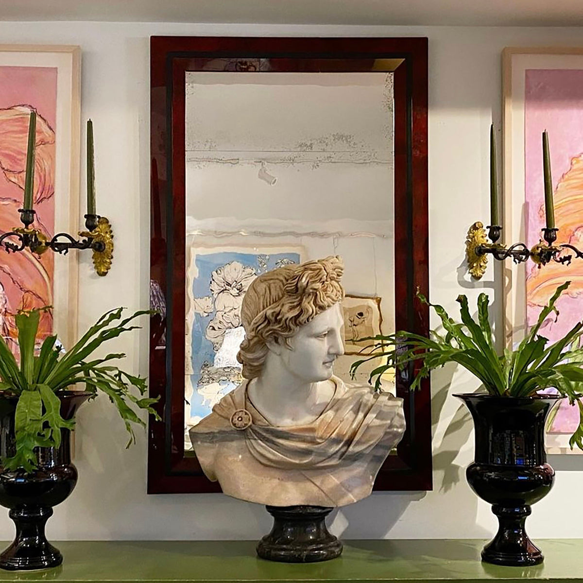 KRB Rose Red Reverse Painted Glass and Ebonized Frame Mirror